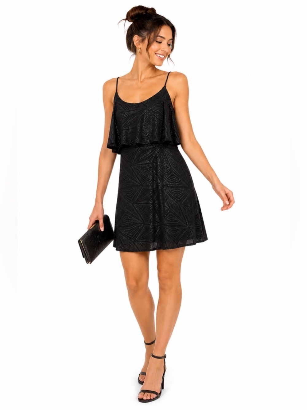 EVERLY Cocktail Dress Womens Size Small Black Glitter Spaghetti Strap Sleeveless